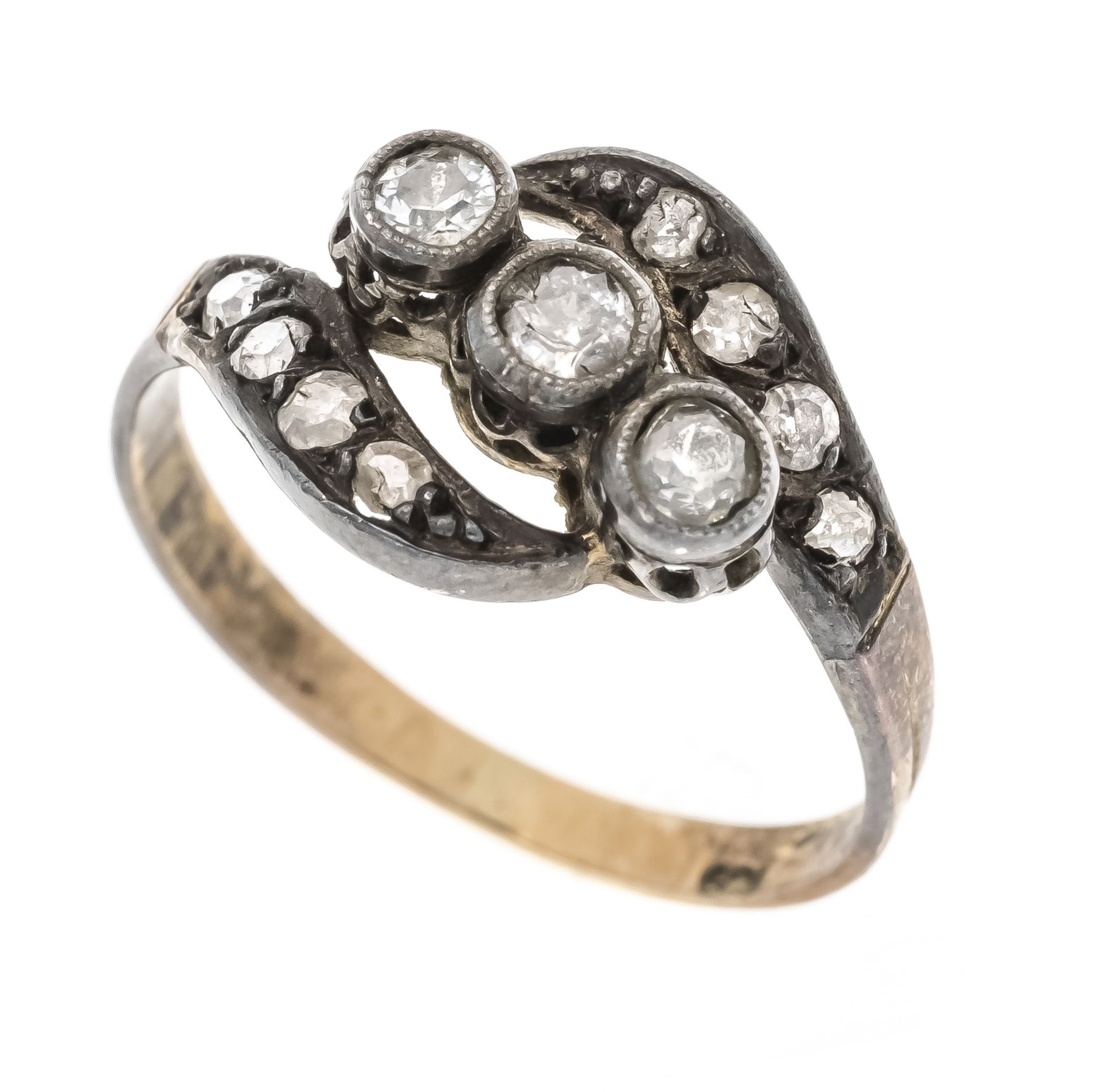 Old-cut diamond ring GG 585/000 and silver with 3 old-cut diamonds, total 0.12 ct tinted/PI and 8