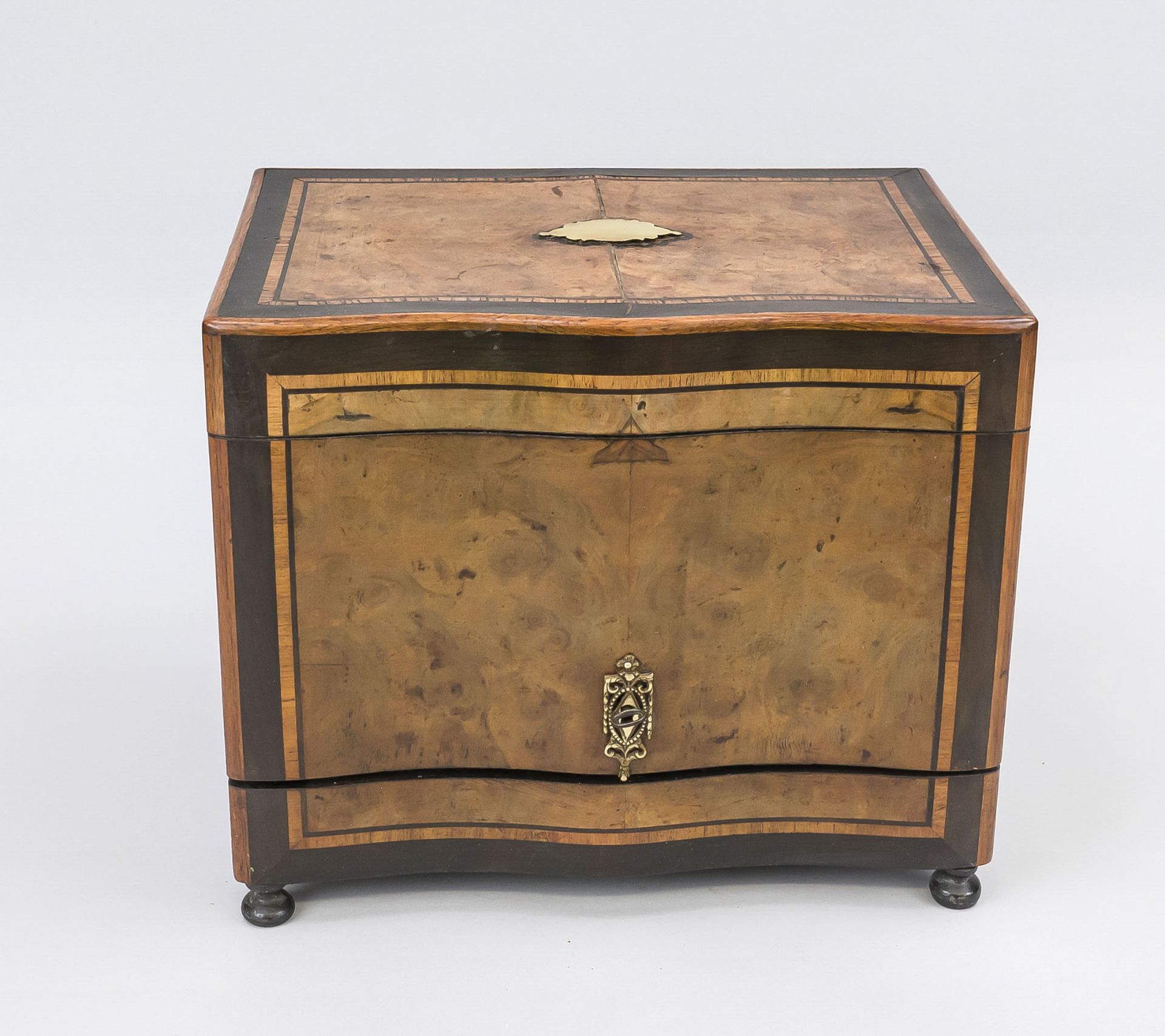 Travel bar, late 19th century, rectangular wooden body with burlwood, mahogany and ebony veneer with - Image 2 of 2