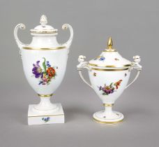 Two lidded vases, Füstenberg, 20th century, 1 urn-shaped vase with raised volute handles, polychrome