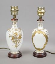 Two vases as lamp bases, 19th/20th century, baluster body, white with ornamental gilding, wooden