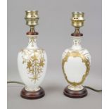 Two vases as lamp bases, 19th/20th century, baluster body, white with ornamental gilding, wooden