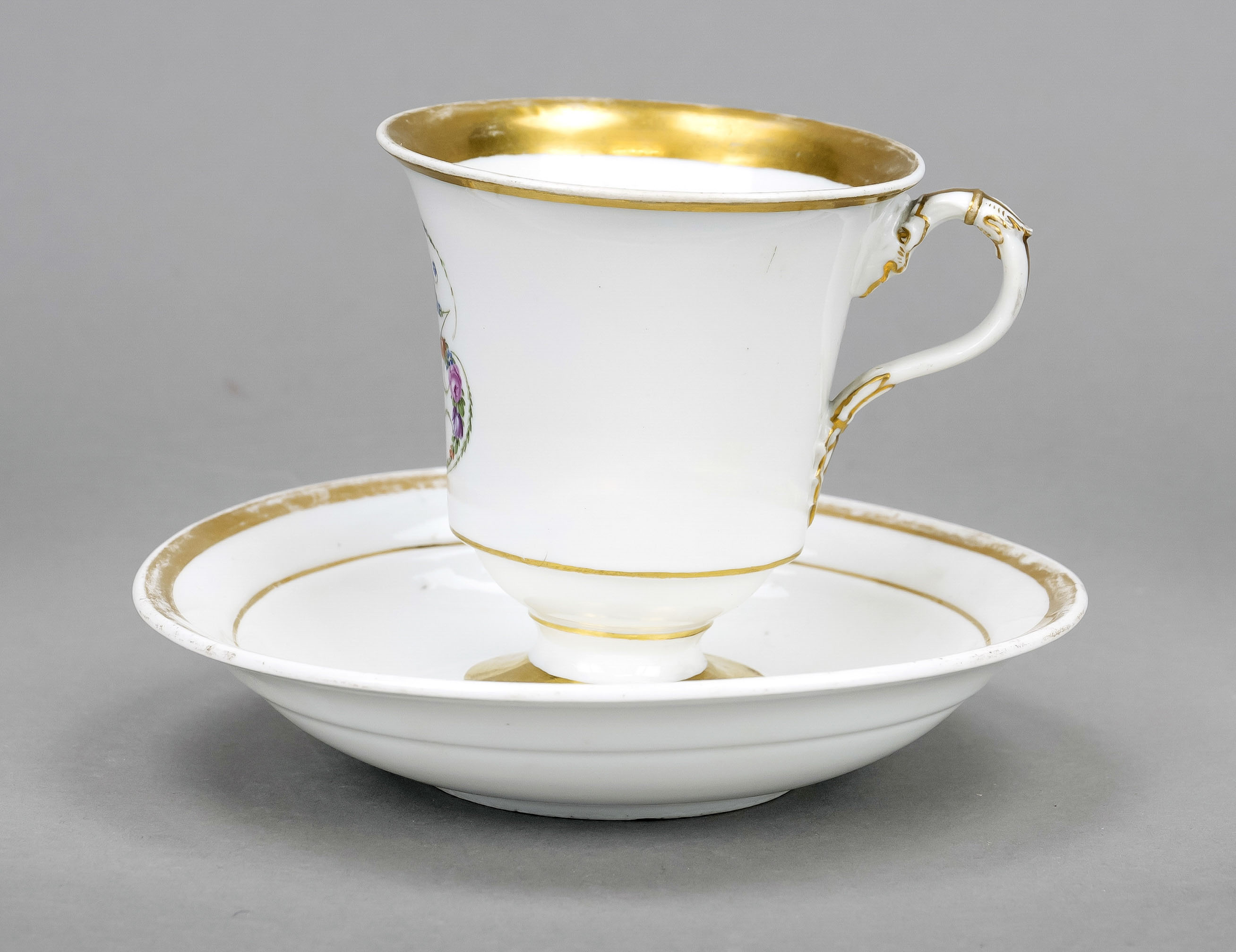 Cup and saucer, Meissen, 19th century, bell-shaped, polychrome flower painting on the front, forming - Image 2 of 2