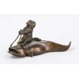 Cat riding a catfish, Japan, probably around 1900 (Meiji), bronze. Mark/punch stamped under the