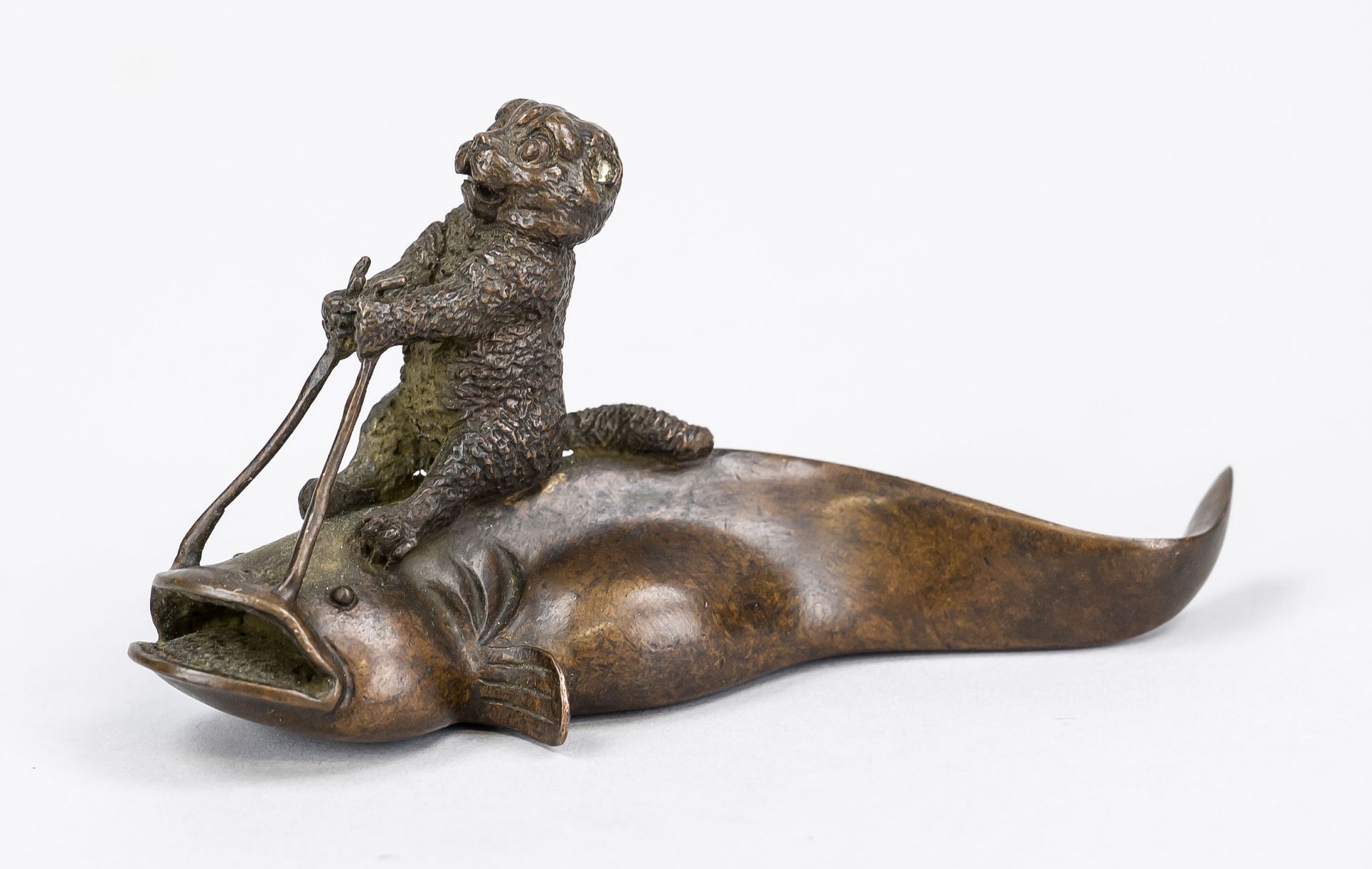 Cat riding a catfish, Japan, probably around 1900 (Meiji), bronze. Mark/punch stamped under the