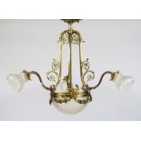 Ceiling lamp, late 19th century Ornamented brass wreath with garland on a three-pass frame with