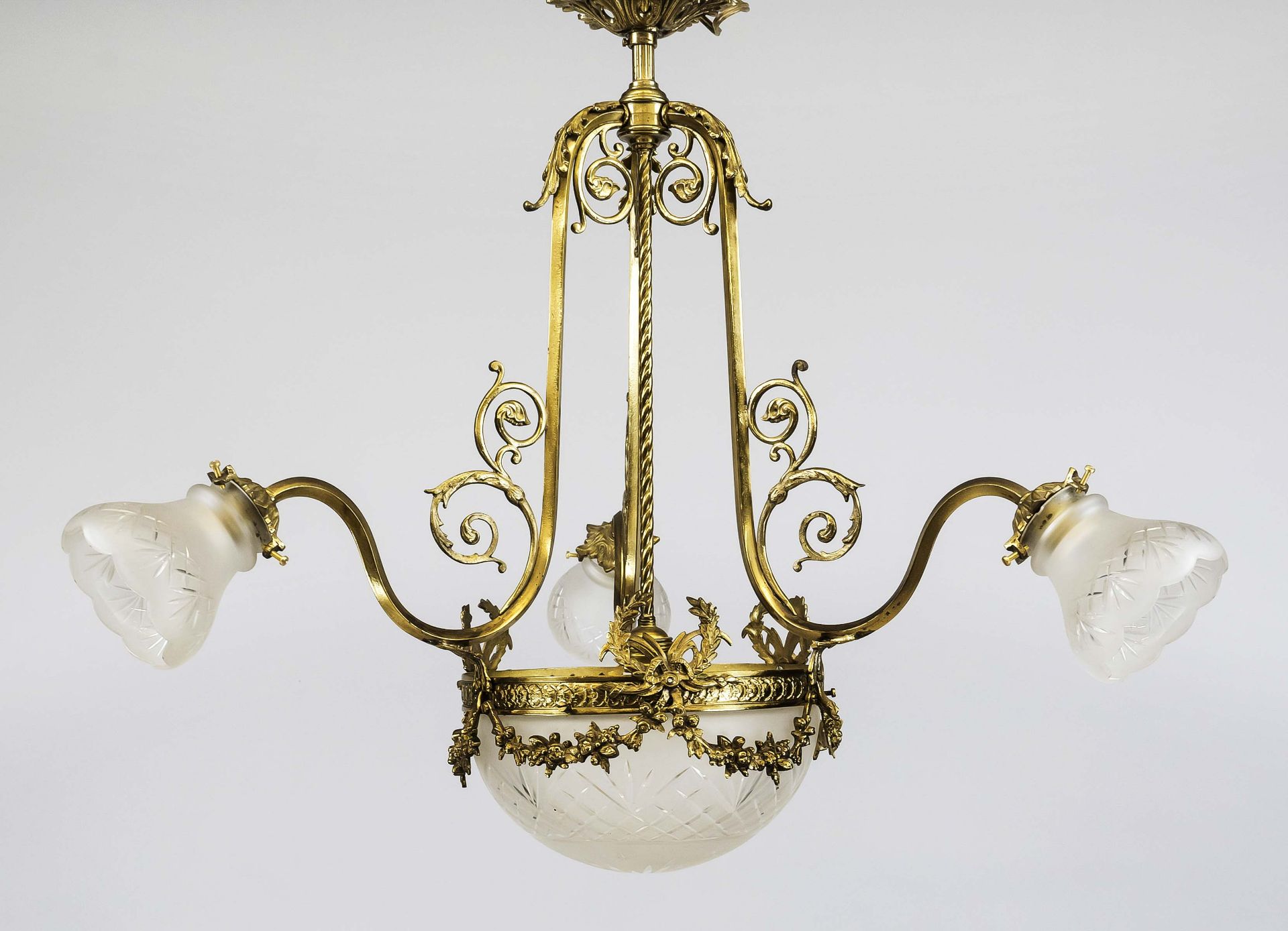 Ceiling lamp, late 19th century Ornamented brass wreath with garland on a three-pass frame with