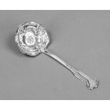 Tea strainer with handle, late 19th century, probably under-alloyed silver, flower form, floral