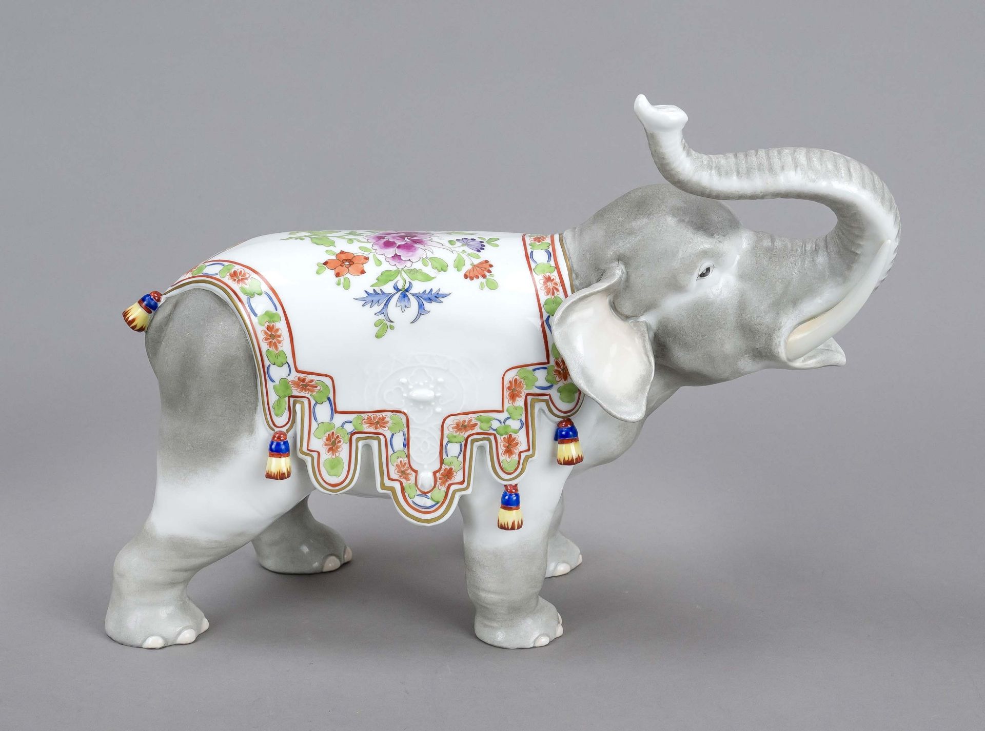 Standing elephant, C. Thieme zu Potschappel, Dresden, 20th century, with raised trunk for good