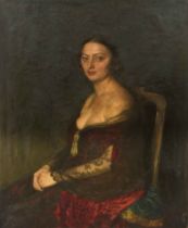 Fritz Lange-Dedekam (1851-?), large portrait of a seated woman in a red dress, oil on canvas, signed