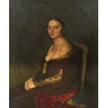 Fritz Lange-Dedekam (1851-?), large portrait of a seated woman in a red dress, oil on canvas, signed