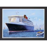 James A. Flodd (*1944), us-American marine painter, ''Queen Mary 2 - vor New Yorker Skyline'', color