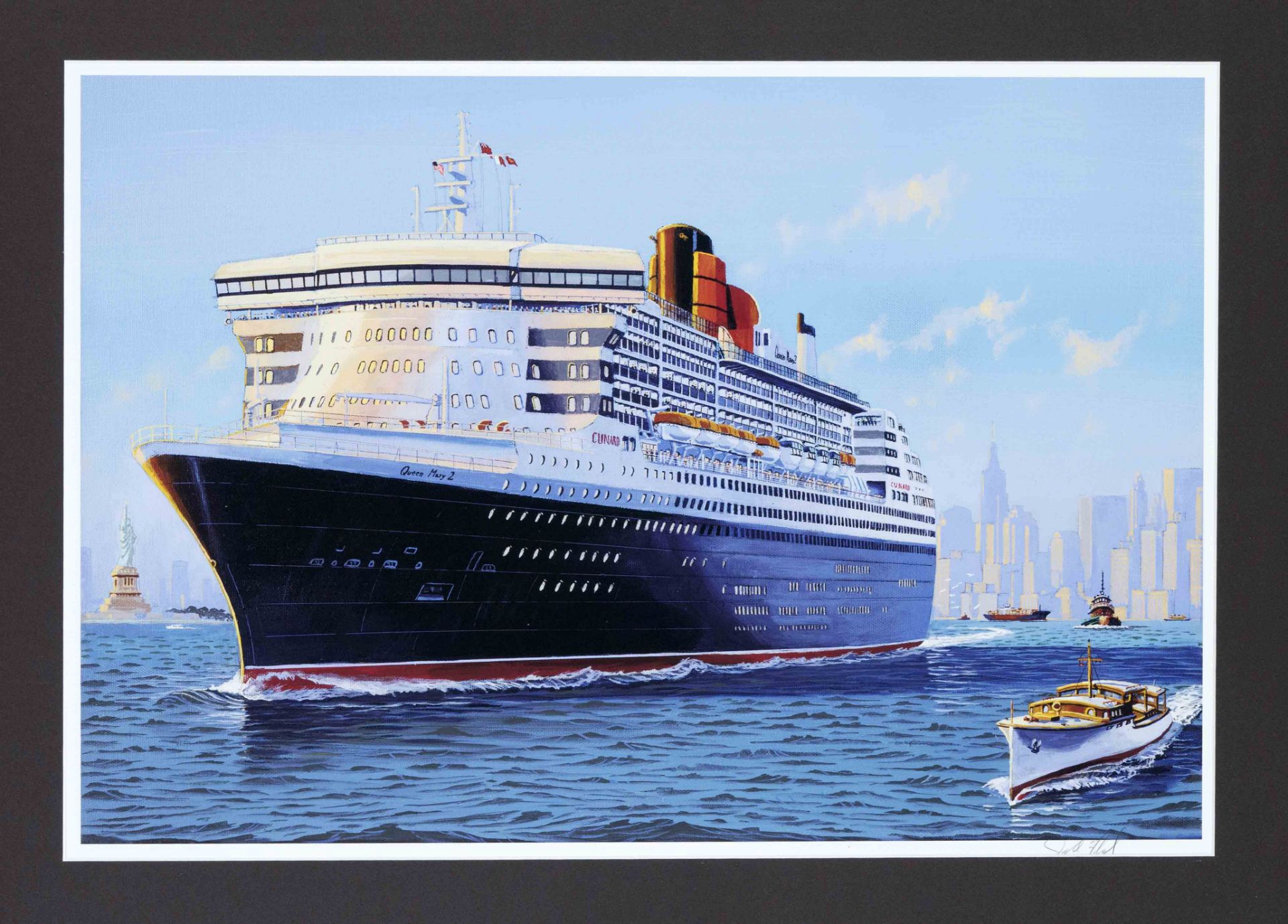 James A. Flodd (*1944), us-American marine painter, ''Queen Mary 2 - vor New Yorker Skyline'', color