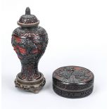 2 pieces Carved lacquer, China 19th/20th century, 1 x round lidded box with peony seal, wall with
