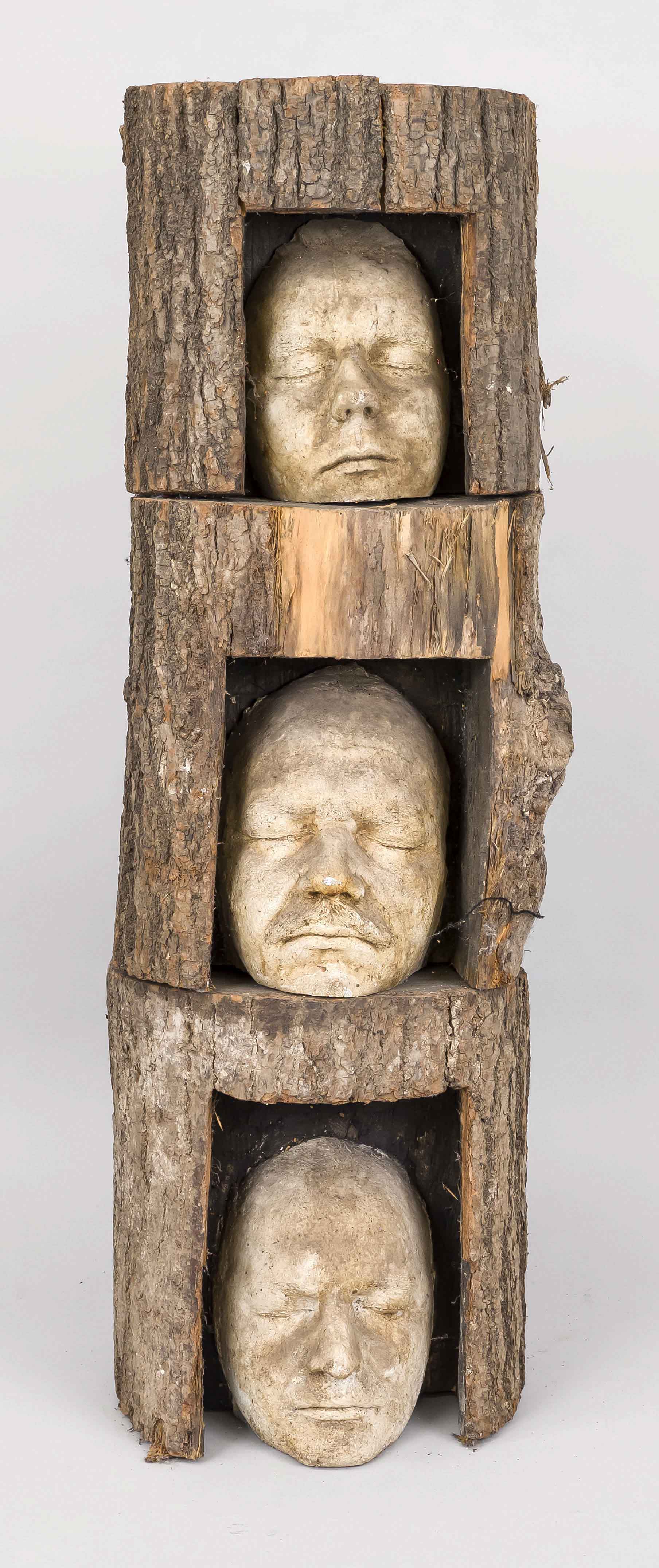 Herbert König (1956-2023), sculptor from Suhl, 3 tree heads, natural tree trunk segments with sawn-