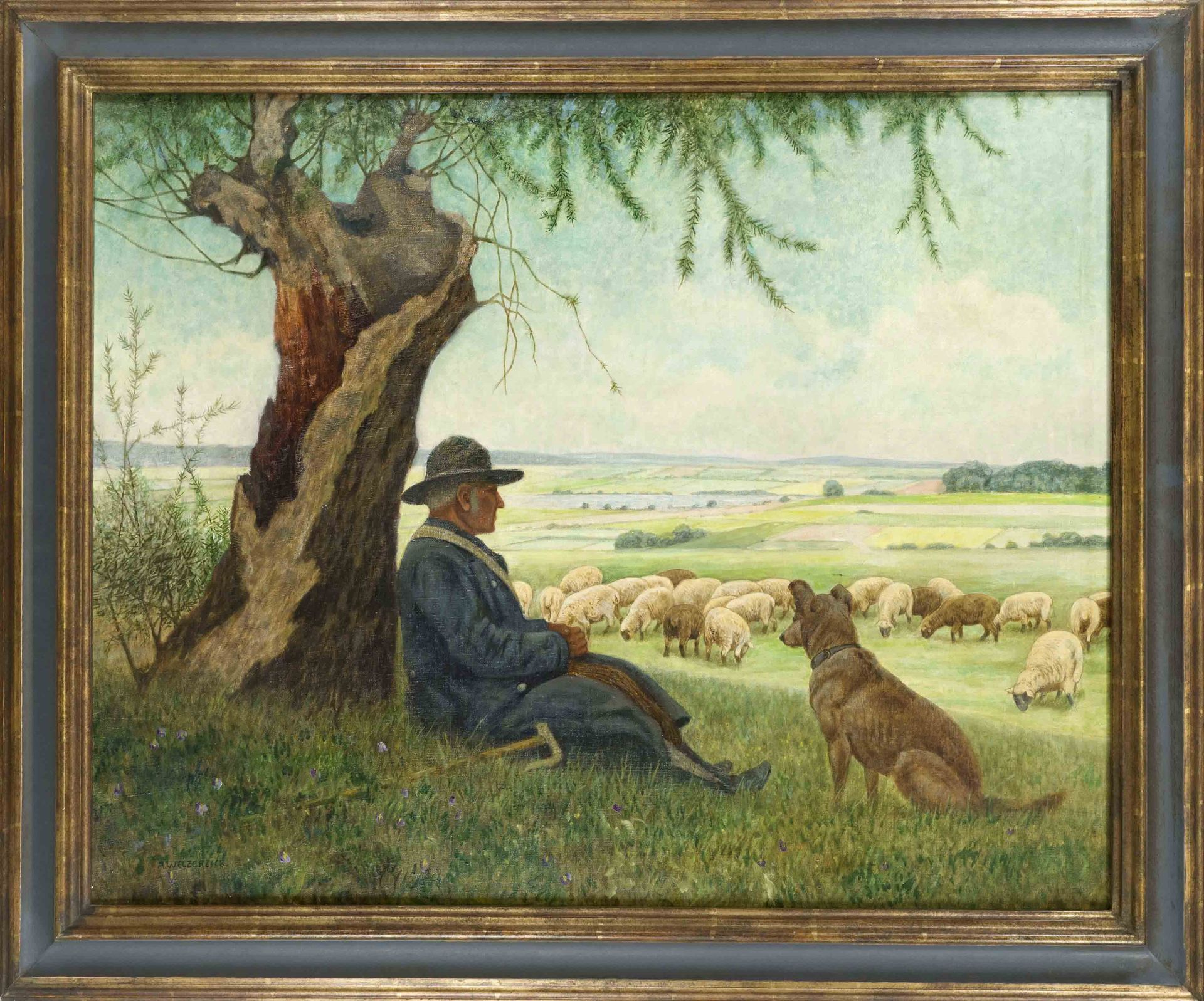 Alfred Weczerzick (1864-1952), Shepherd resting in the shade of a tree with her flock in a wide