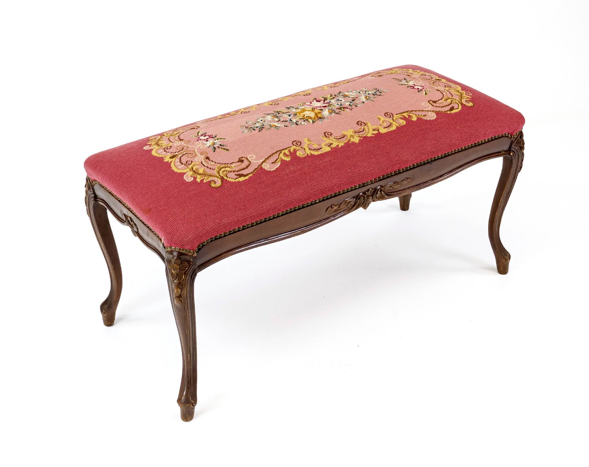 Bench, 20th century, carved walnut-colored wood frame, embroidered cover, 45 x 90 x 45 cm