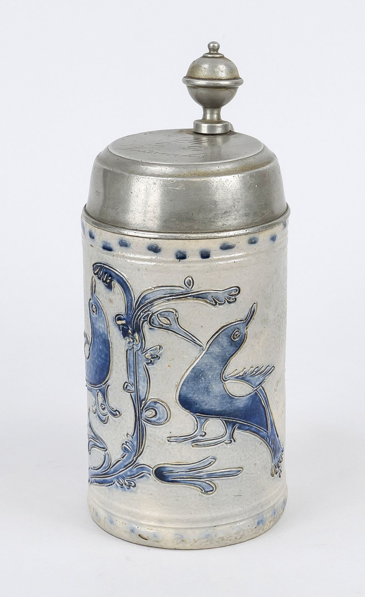 Westerwald beer tankard, 18th century, salt-glazed stoneware, pewter lid mounting with engraving, h.