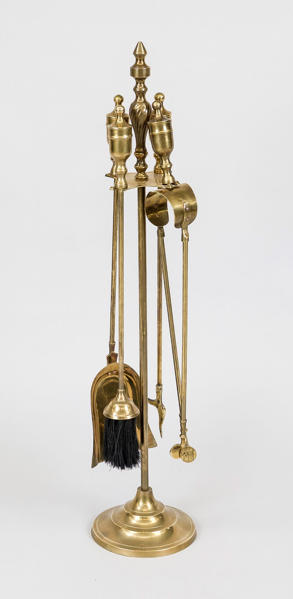 Fireplace set, mid 20th century, brass, four-piece set on stand on round foot, slightly rubbed, h.