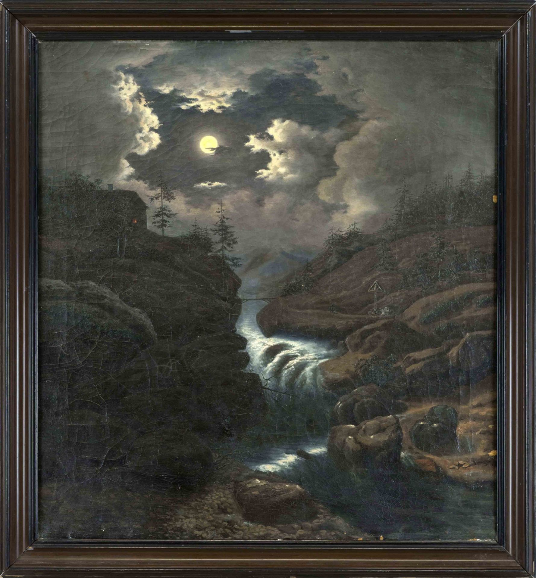 Anonymous Romantic 1st half 19th century, Full moon over a wild mountain stream in a rocky Alpine