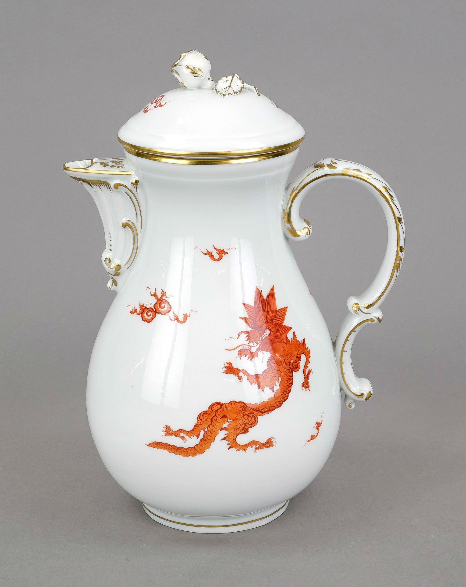 Large coffee pot, Meissen, 1950s, 2nd choice, red Ming dragon decoration, ornamental gilding, h.