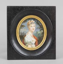 Oval miniature, French, 19th century, polychrome tempera painting on bone plate. Young blonde