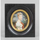 Oval miniature, French, 19th century, polychrome tempera painting on bone plate. Young blonde