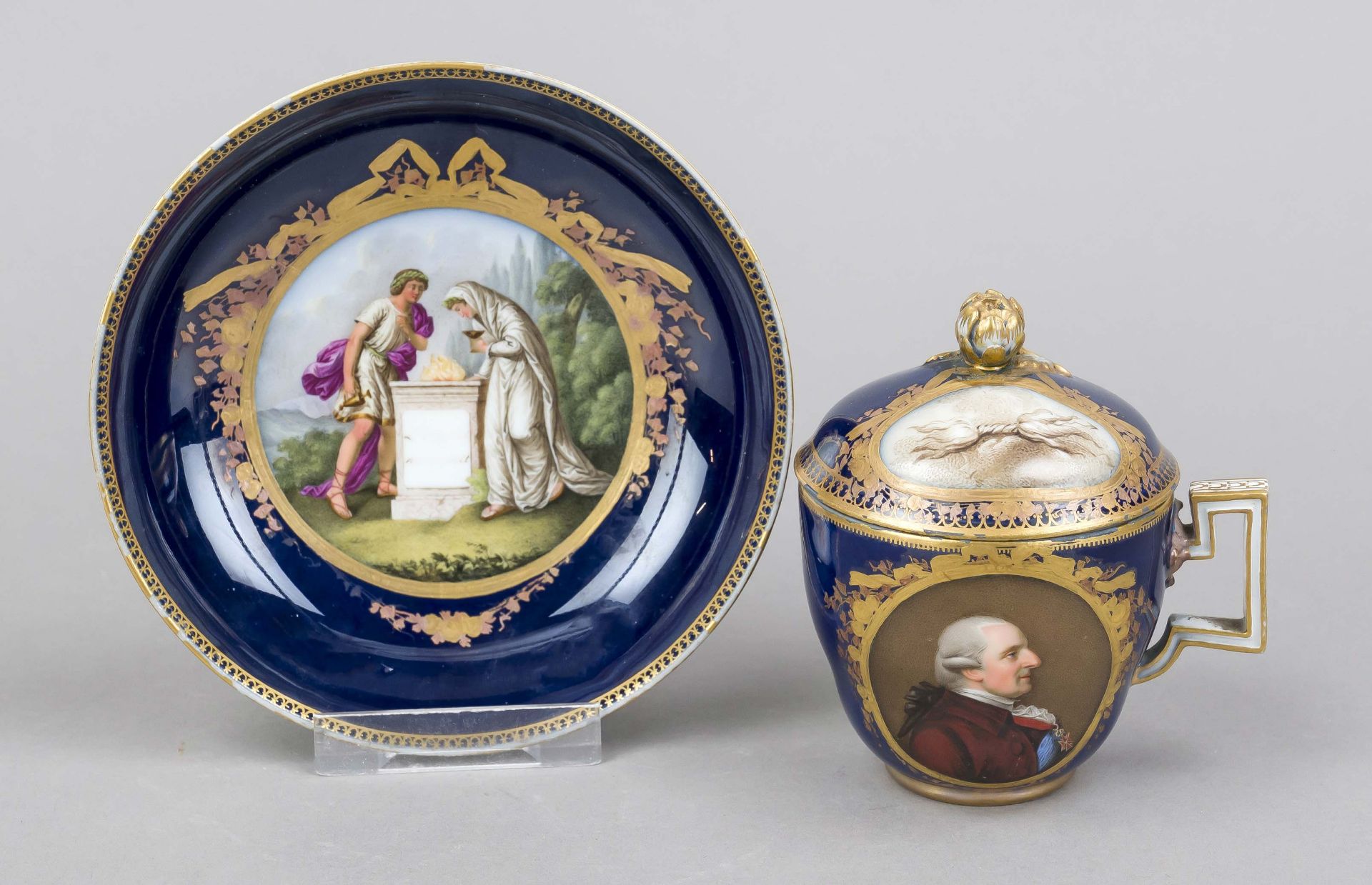 An important lidded cup and saucer, Meissen, Marcolini mark with numeral 4, 1st choice, c. 1778.