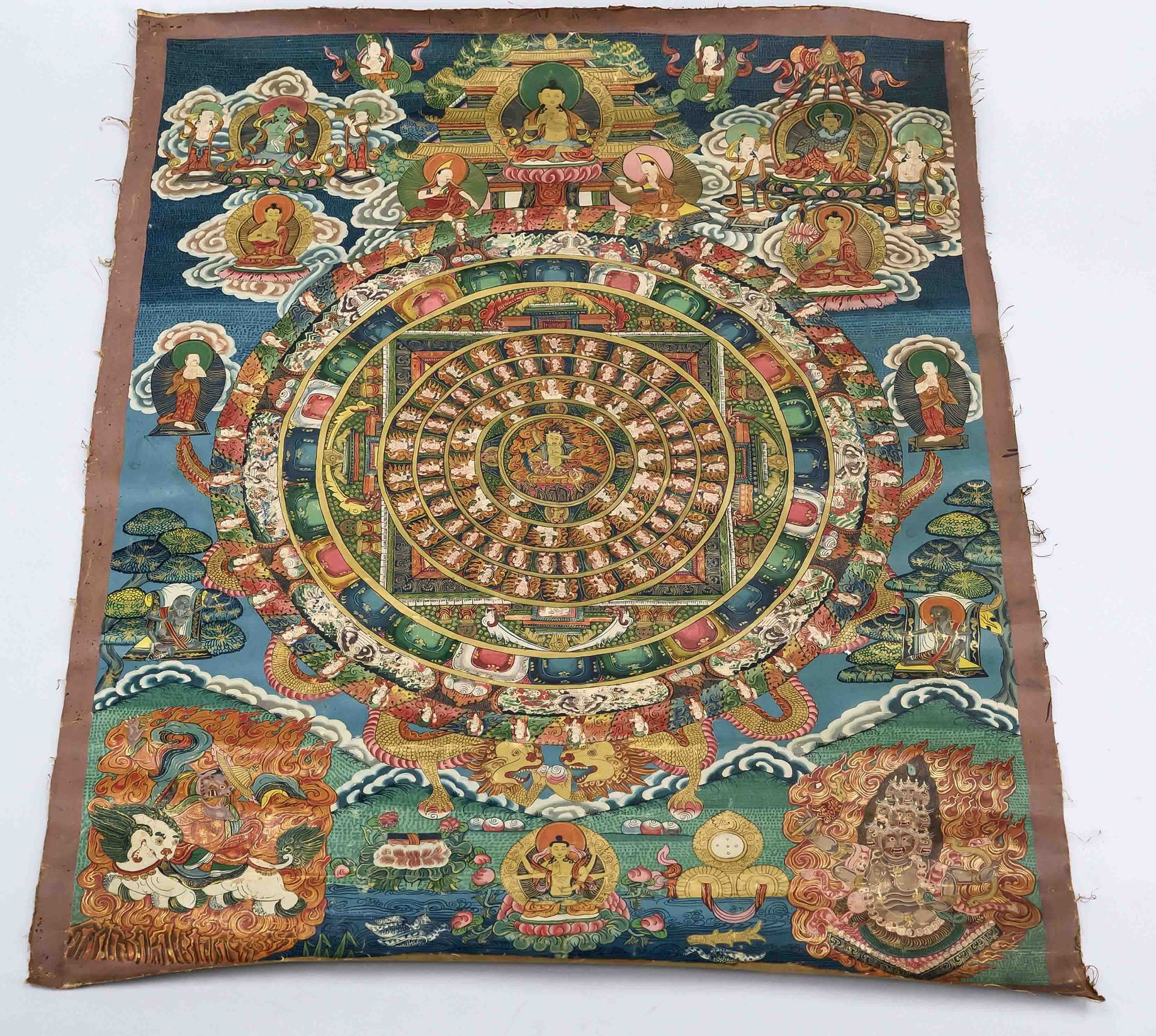 Thangka, Tibet 19th/20th century, polychrome tempera painting and gold on textile, rubbed &