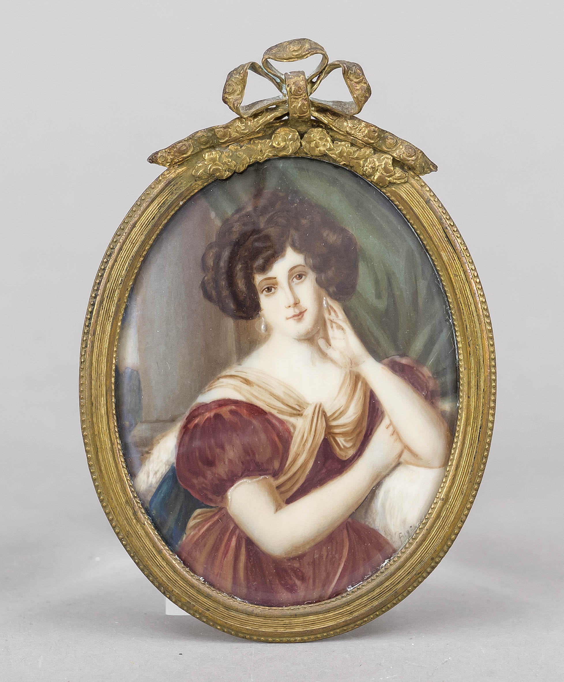 Miniature, 19th century, polychrome tempera painting on bone plate, unopened, oval portrait of a