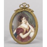 Miniature, 19th century, polychrome tempera painting on bone plate, unopened, oval portrait of a