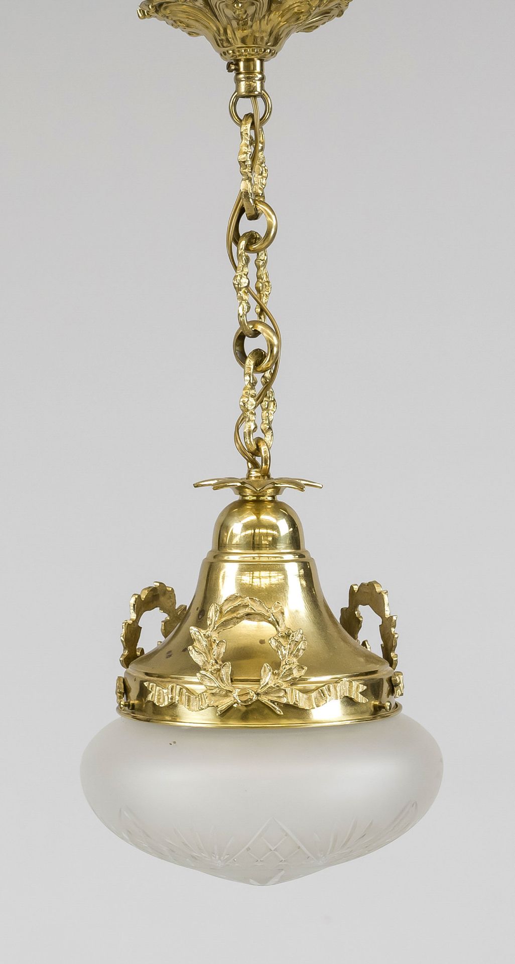 Ceiling lamp, late 19th century, brass frame on chain, etched glass shade with cut decoration, h. (