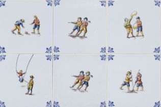 47 tiles, Holland, 20th century, polychrome painted and glazed figurative decoration, slightly