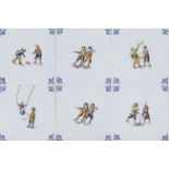 47 tiles, Holland, 20th century, polychrome painted and glazed figurative decoration, slightly