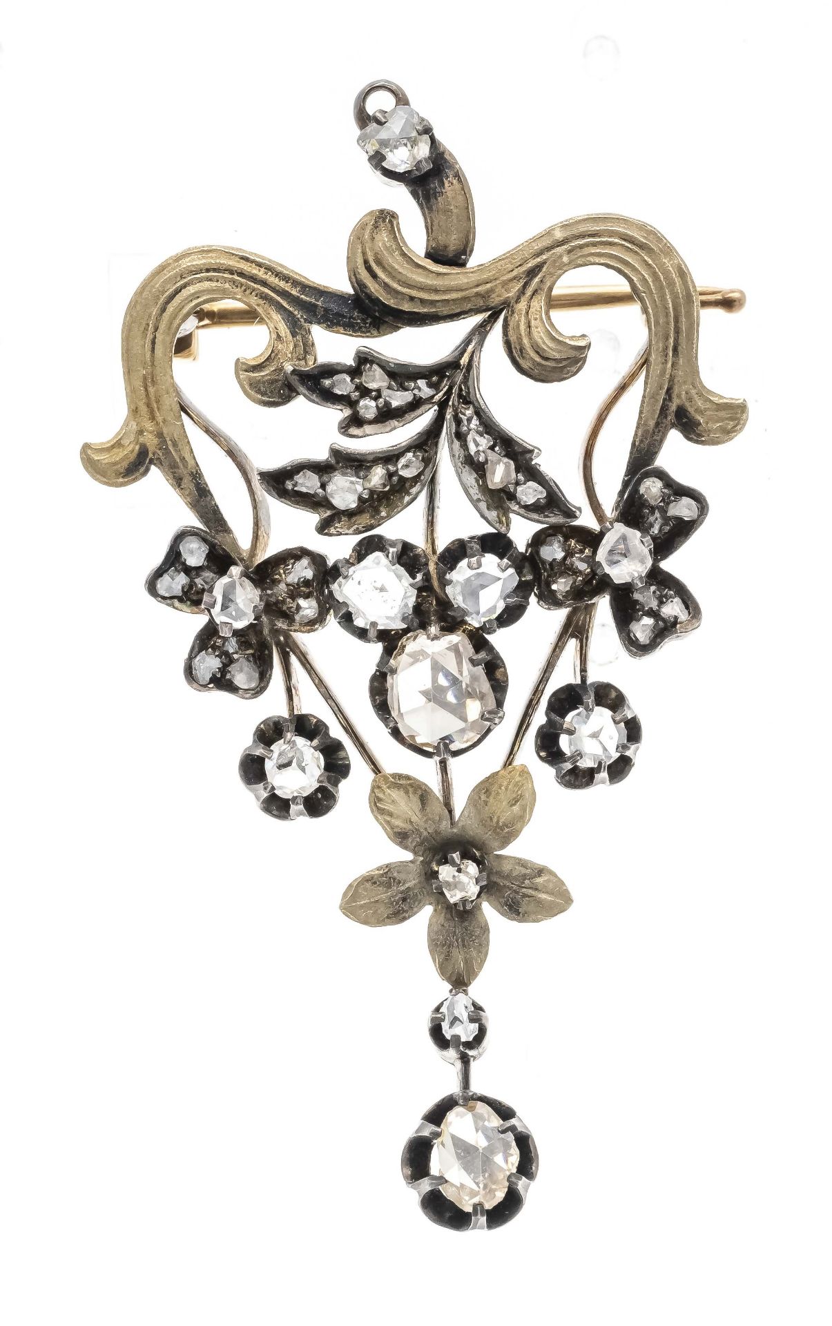 A floral diamond rose brooch, circa 1880, silver 900/000 on GG 585/000 unmarked, tested, with 32