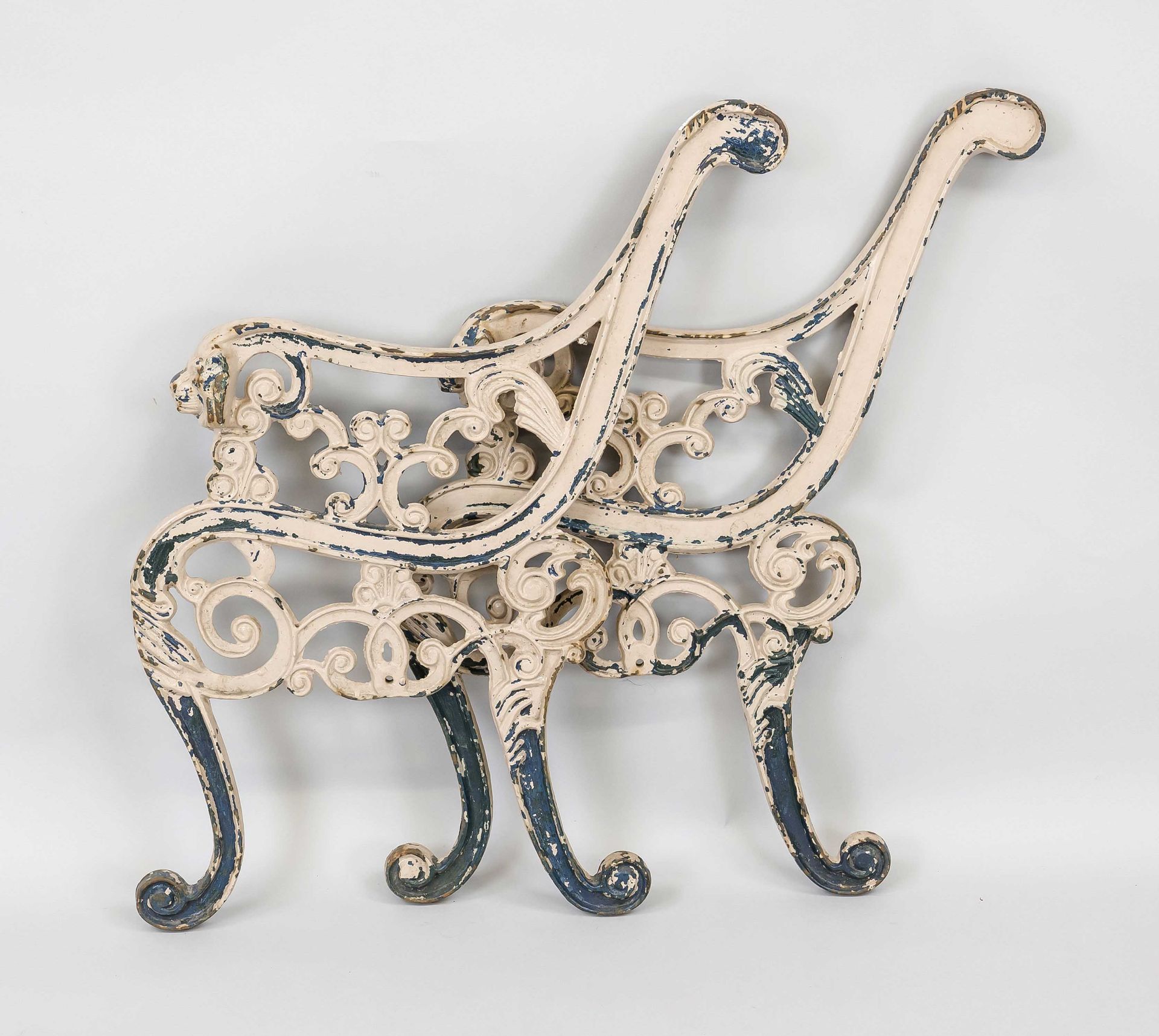 Frame for a garden bench, 20th century, cast iron, painted blue and powder-colored in several