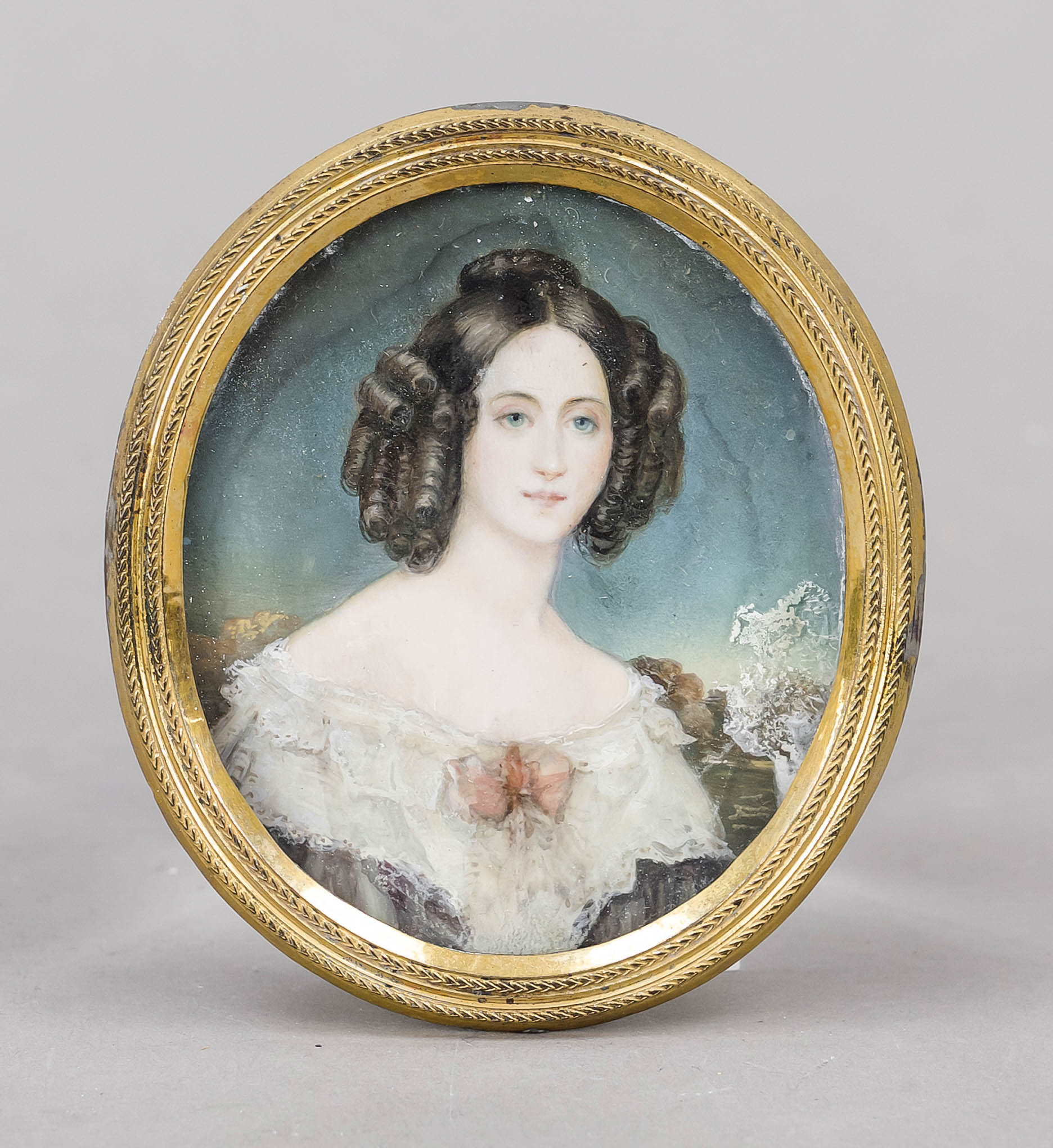 Miniature, 19th century, polychrome tempera painting on bone plate, unopened, oval bust portrait