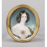 Miniature, 19th century, polychrome tempera painting on bone plate, unopened, oval bust portrait