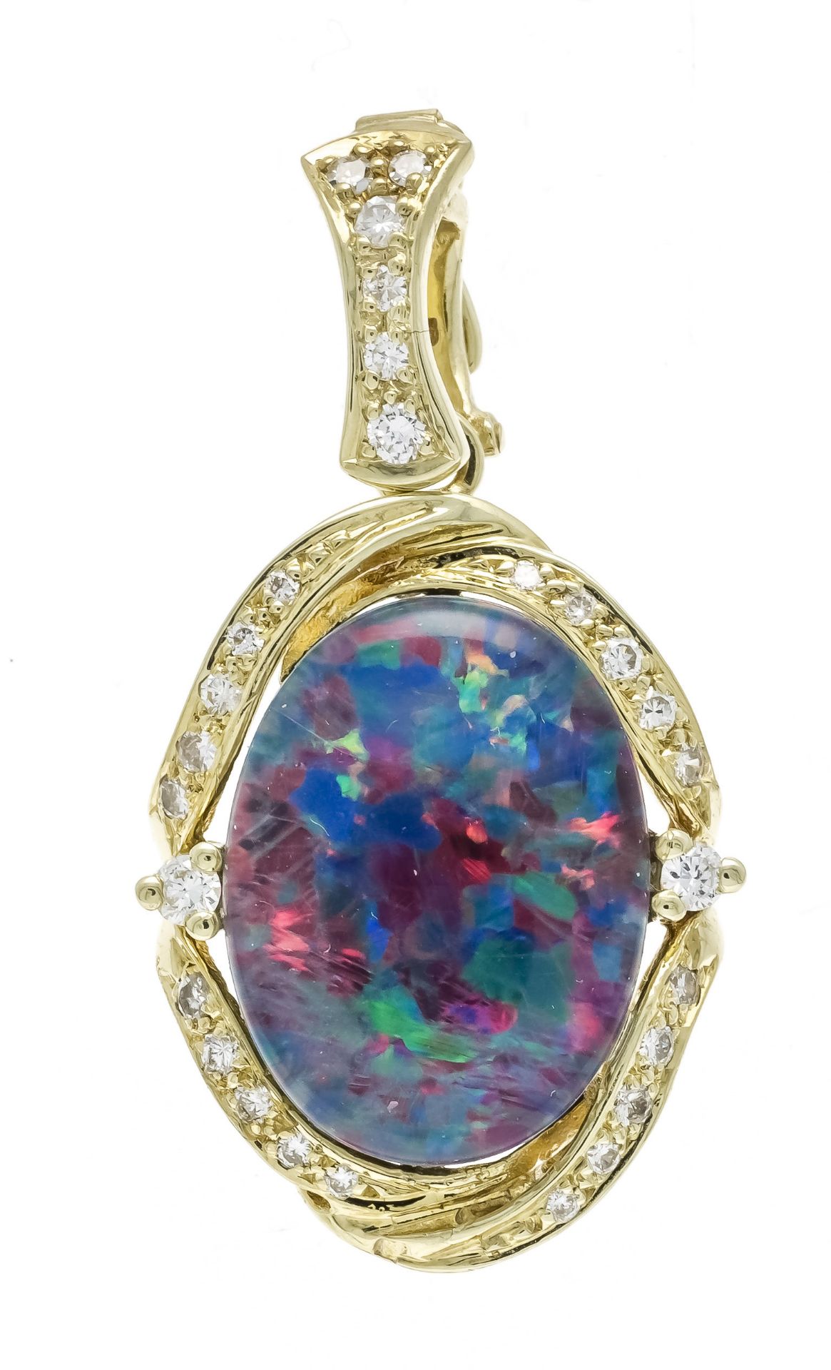 Opal-brilliant clip pendant GG 585/000 with an oval opal triplet 16 x 12 mm, 26 brilliant-cut