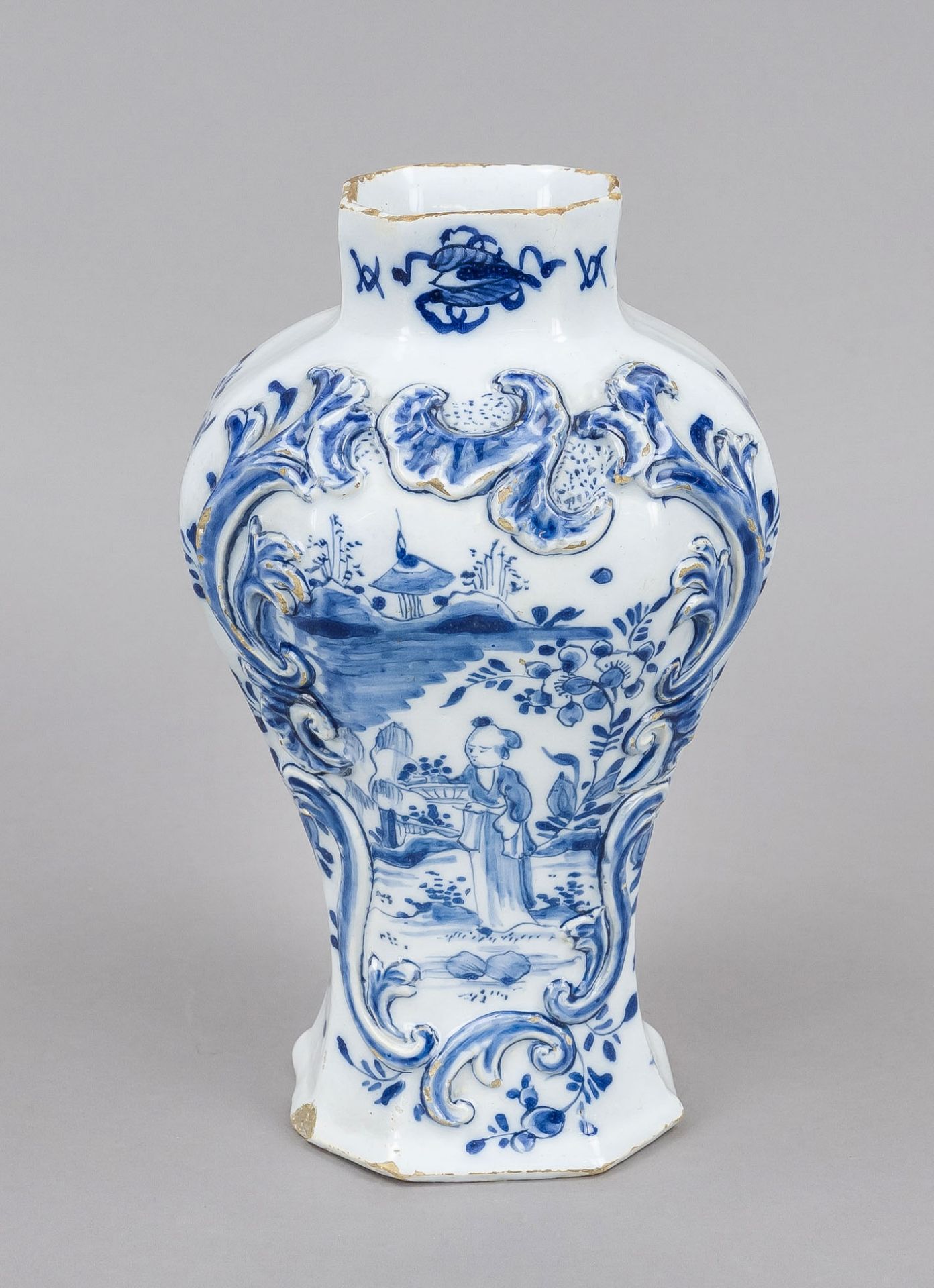 Baroque vase, Delft workshops, De Porcelayne Claeuw, mark c. 1700, releif cartouches and chinoiserie