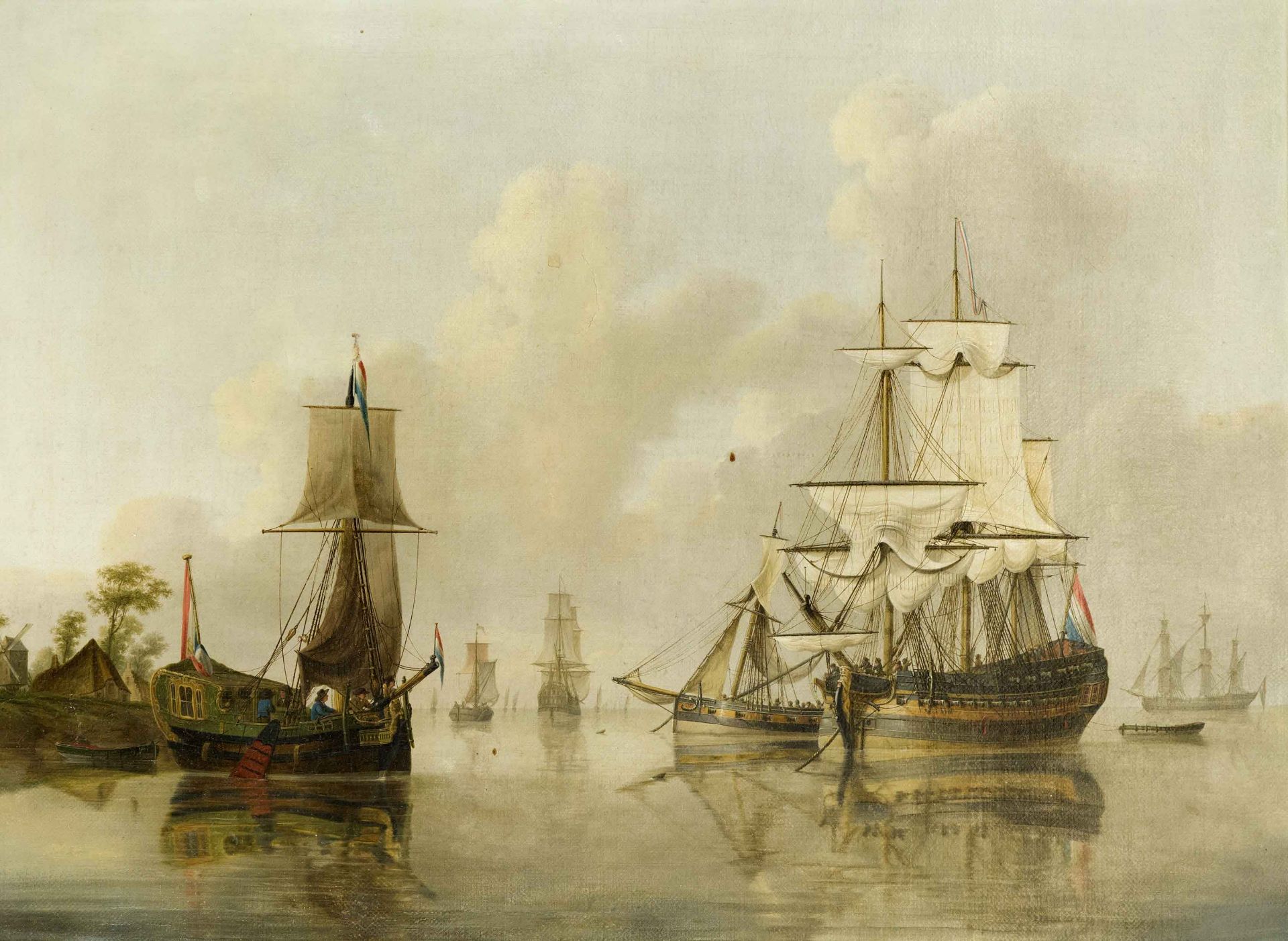 Dutch marine painter of the 18th century, Fleet at anchor, oil on canvas, unsigned, relined,