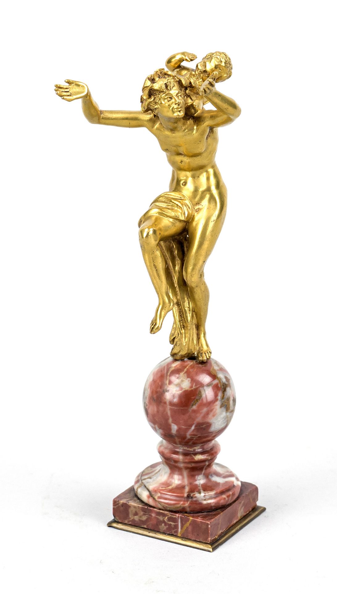 French sculptor, c. 1800, dancing bacchant with a boy on his shoulders, gilt bronze, on a reddish