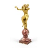 French sculptor, c. 1800, dancing bacchant with a boy on his shoulders, gilt bronze, on a reddish