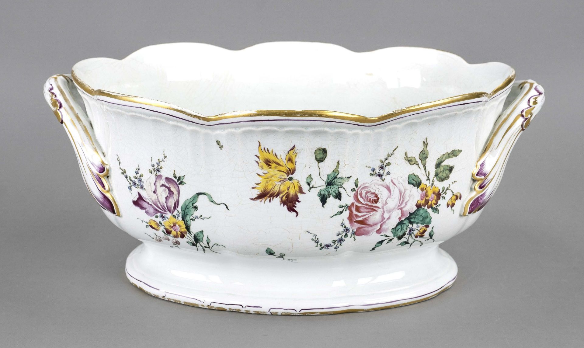 Large jardiniere, France, Veuve Perrin, mark 1740-1803, faience, glazed white, oval form with curved