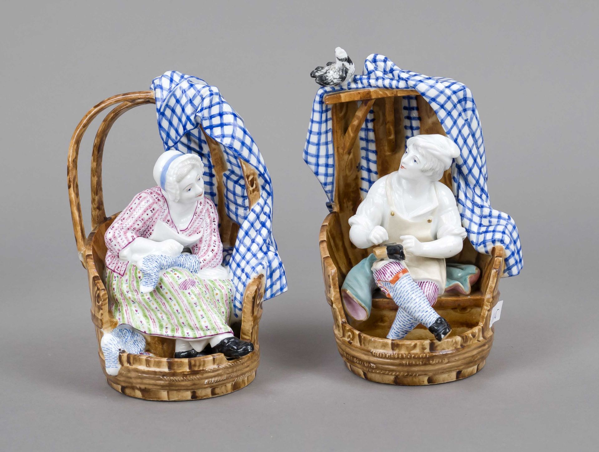 Cobbler and seamstress in baskets, w. Paris, c. 1900, seated seamstress or shoemaker in a giant