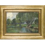 C. Lingner, German painter around 1900, Landscape with willows on a stream bank, oil on cardboard,