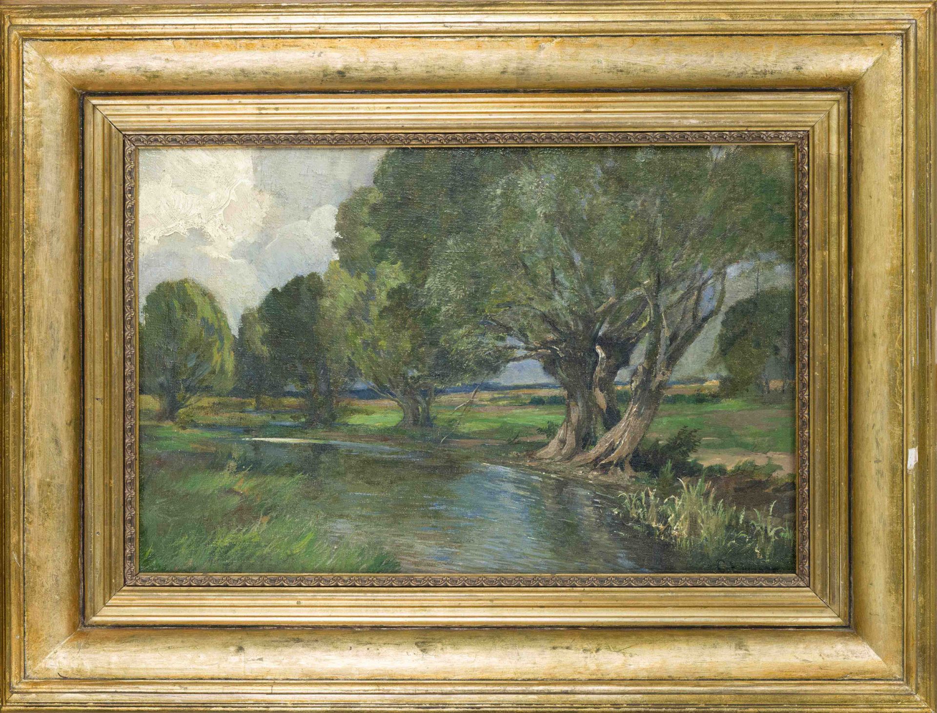 C. Lingner, German painter around 1900, Landscape with willows on a stream bank, oil on cardboard,