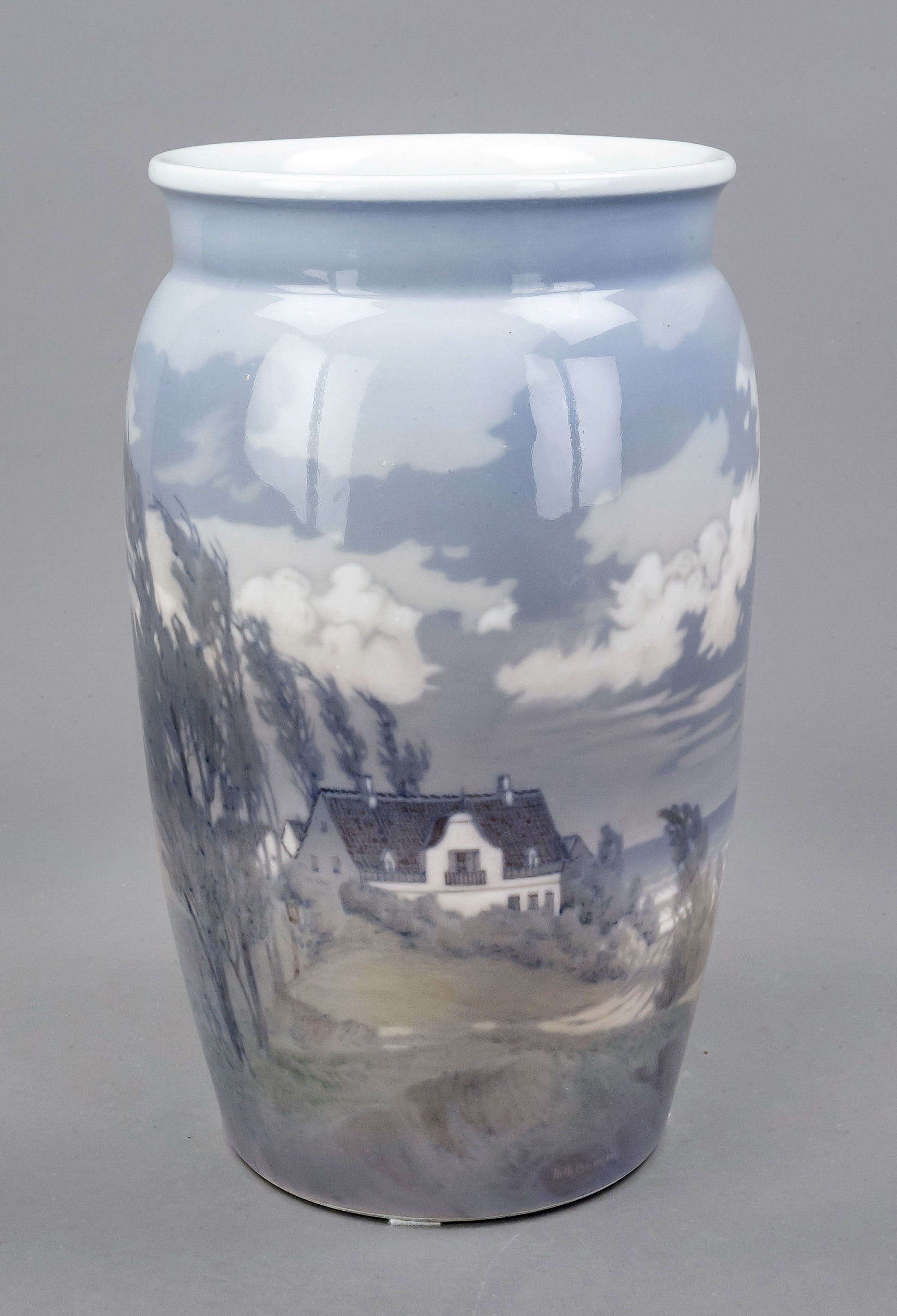 Vase with landscape, Dahl-Jensen, Copenhagen, 1920s, signed Arthur Boesen, model no. 137/97, all-