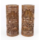 Pair of vases/bitong, China, 1st half 20th century, bamboo. The front with fine carving, open-worked