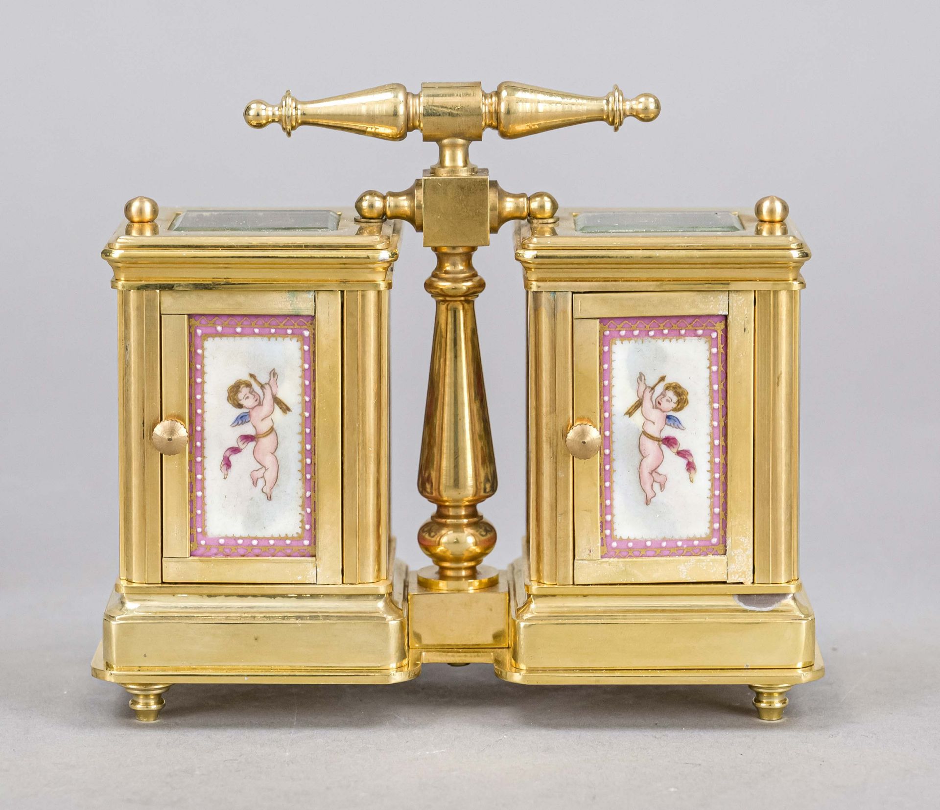 Travel alarm clock and barometer, 2nd half 20th century, gilt brass with top mounted handle, faceted - Image 3 of 4
