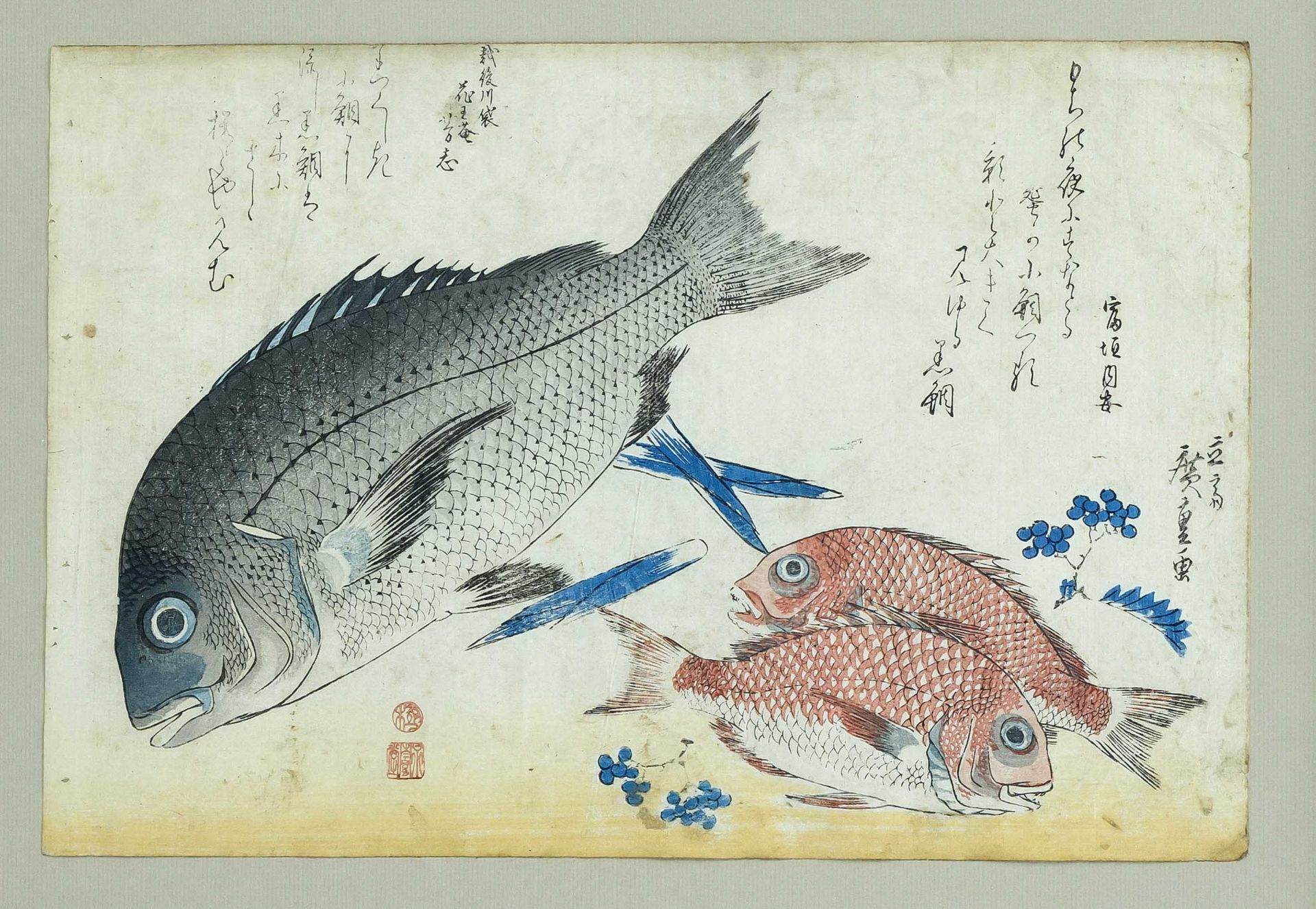 2 woodblock prints with fish, Japan 19th century (Meiji), Oban formats framed behind glass. Slightly - Image 2 of 2